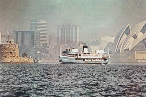 Sydney Ferry BARAGOOLA approaches Circular Quay 1975 in Public Transport Commission Colours