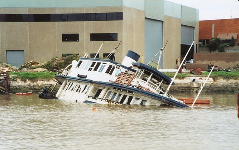 Sydney ferry LADY EDELINE sunk into the mud at Mortlake 1988