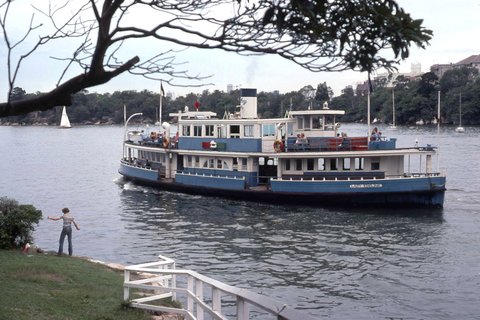 Sydney ferry LADY EDELINE leaving Musgrave Street Wharf Mosman South February 1978