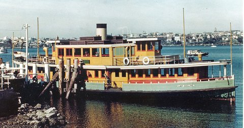 Sydney ferry LADY EDELINE at Greenwich 1960s in 1936 green and gold livery