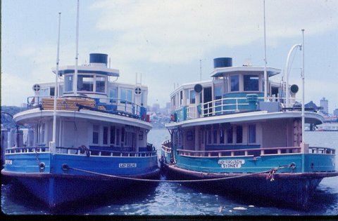 Sydney ferries LADY EDELINE and LADY FERGUSON at Balmain ferry base February 1975