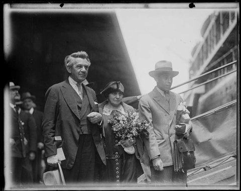 Russian actor Mr Maurice Moscovitch with his wife and son Mr Nat Madison on the deck of a ship, New South Wales, ca. 1926, c. 1926