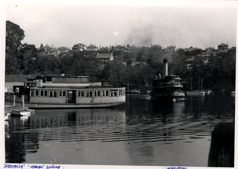 Sydney ferries REGALIA ex RODNEY - RADAR - KAREELA in Mosman Bay 1950s