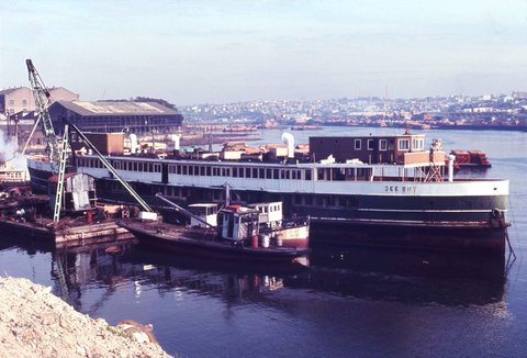 Sydney ferry DEE WHY being broken up in Stride's yard on Black Wattle Bay at Glebe Point 1970s
