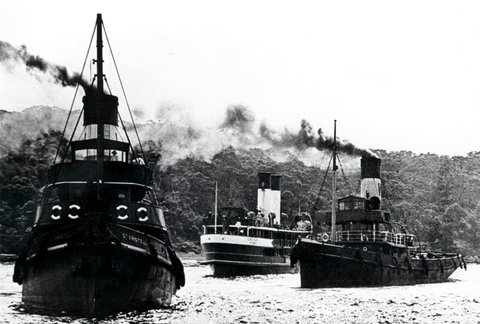 Sydney ferry CURL CURL aground at Bradleys Head with tugs ST ARISTEL and LINDFIELD 31 March 1936