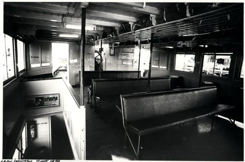 Sydney ferry LADY DENMAN upper saloon and wheel house interior June 1979