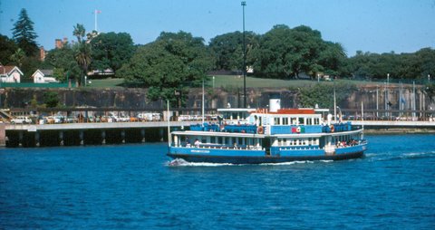Sydney ferry LADY DENMAN in Sydney Cove in Public Transport Commission colours September 1977