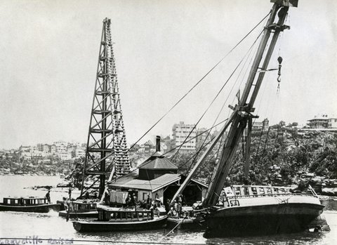 Sydney ferry GREYCLIFFE remmants being lifted at Whiting Beach Mosman after collision with SS TAHITI 1927