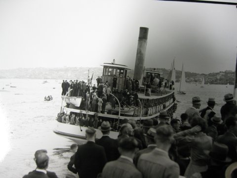 Sydney ferry KOOMPARTOO with high wheelhouses at sailing races 1930s, 1935–39