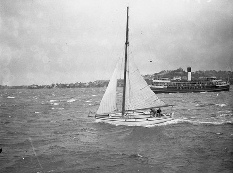 Sydney ferry BURRA BRA and yacht near Bradleys Head November 1934