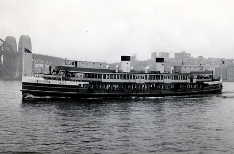 Sydney ferry BELLUBERA rounding Bennelong Point into Circular Quay 1966