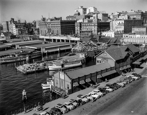 Circular Quay construction of Cahill Expressway ferry KARRABEE 1950s