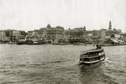 Sydney ferry SHAMROCK approaches Circular Quay. Other ferries include BRIGHTON KURING-GAI KAREELA circa 1905, c. 1905