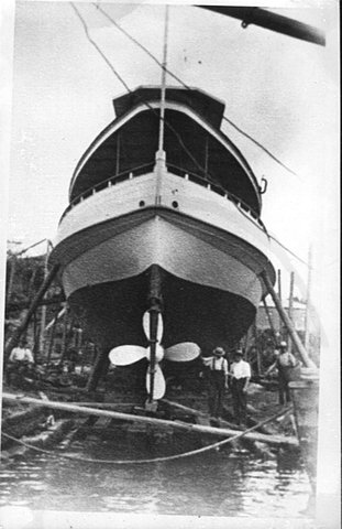 Sydney ferry KOOKOOBURRA being readied for launch at Morrison and Sinclair shipbuilders 1907