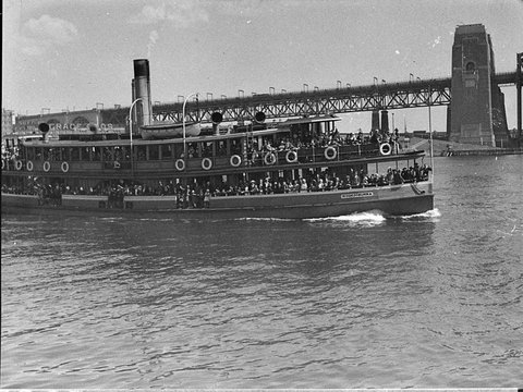 Sydney ferry KOOKOOBURRA leaving Sydney Cove. By Sam Hood 26 Sept 1936