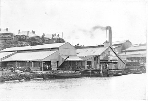 Morrison & Sinclair shipyard White Bay Balmain, with KALUDAH being built circa 1909, c. 1909