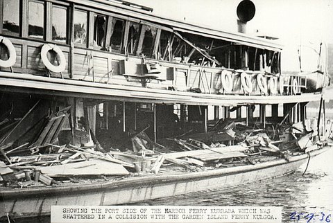 Sydney ferry KURRA-BA damaged after collision with ferry KULGOA 23 September 1936