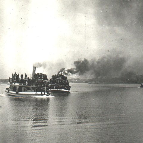 Sydney ferries LADY HAMPDEN and KIRRIBILLI following Head of the River, 1900–34