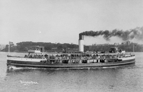 Sydney ferry BURRA BRA passing Farm Cove on way to Manly 1920s
