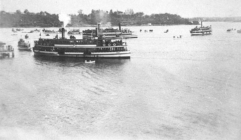 Sydney ferries LADY RAWSON and LADY CARRINGTON following the rowing races 1920s